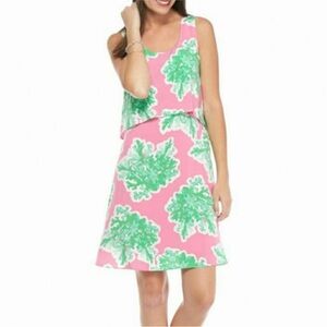 Crown & Ivy sz 2 Pink Green Coral Reef print Dress layered top, sleeveless beach